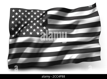 Schwarze Leben Materie Flagge weht in den Wind. Gestreifte schwarz-weiße USA-Flugfahne, isoliert auf weißem Hintergrund. 3D-Illustration. Stockfoto