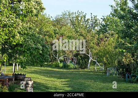 Sonnenuntergang und Schatten in einem wunderschön angelegten Dorfhof voller Grün. Stockfoto