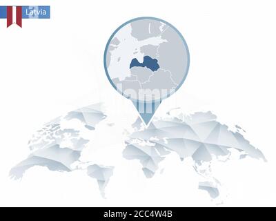 Abstrakte abgerundete Weltkarte mit angehefteten detaillierten Lettland-Karten. Karte und Flagge von Lettland. Vektorgrafik. Stock Vektor