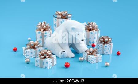 Niedlicher Eisbär mit Weihnachts-Geschenkschachteln auf blauem Hintergrund. Frohe Weihnachten und ein glückliches neues Jahr Karte. 3D-Illustration. Stockfoto