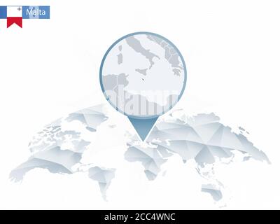 Abstrakte abgerundete Weltkarte mit angehefteten detaillierten Malta-Karten. Vektorgrafik. Stock Vektor