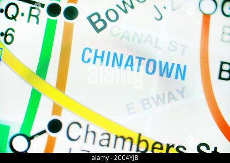 Chinatown Viertel auf New York City U-Bahn-Karte auf Smartphone-Bildschirm. Stockfoto