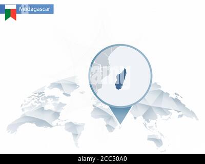 Abstrakte abgerundete Weltkarte mit angehefteten detaillierten Madagaskar-Karten. Vektorgrafik. Stock Vektor