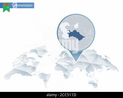 Abstrakte abgerundete Weltkarte mit angehefteten detaillierten Turkmenistan-Karten. Vektorgrafik. Stock Vektor