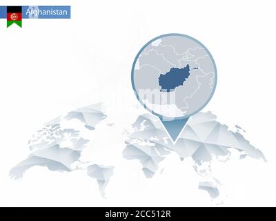 Abstrakte abgerundete Weltkarte mit angehefteten detaillierten Afghanistan-Karten. Vektorgrafik. Stock Vektor