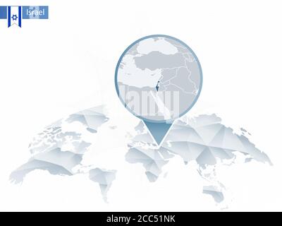 Abstrakte abgerundete Weltkarte mit angehefteten detaillierten Israel-Karten. Vektorgrafik. Stock Vektor