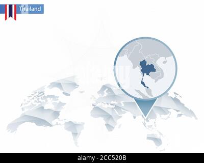 Abstrakte abgerundete Weltkarte mit angehefteten detaillierten Thailand-Karten. Vektorgrafik. Stock Vektor