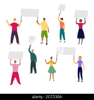 Menschen mit Plakaten in den Händen. Eine Gruppe von Menschen verschiedener Geschlechter und Rassen halten Plakate und Banner. Werbung, Protest, Kundgebung, Appell Stock Vektor