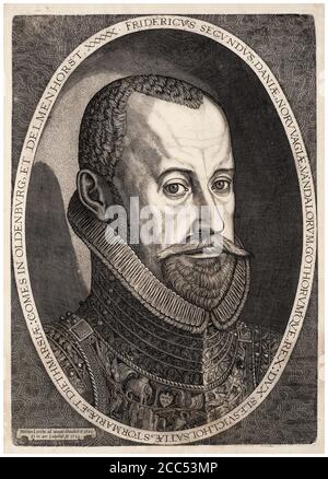 König Friedrich II. Von Dänemark (1534-1588), Porträtstich von Melchior Lorck, 1582 Stockfoto