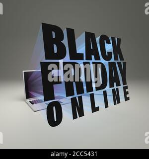 3D gerendert Konzept Illustration von Black Friday online Text beamen Aus einem Laptop-Bildschirm Stockfoto