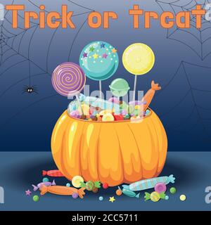 Leckereien, Süßigkeiten für Halloween, in einem Kürbis, mit dem Text süß oder böse. Vektor-Farbdarstellung. Für Postkarten, Poster Stock Vektor