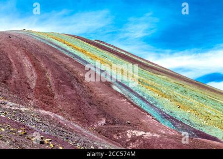 Nahaufnahme von bunten Streifen, die von Mineralvorkommen am Vinicunca (Rainbow Mountain) in Pitumarca, Peru, erstellt wurden Stockfoto