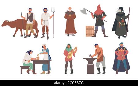Mittelalterliche Menschen männlich und weiblich Zeichentrickfilm Zeichensatz, flache Vektor isolierte Illustration Stock Vektor