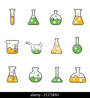 Set von chemischen Glaswaren. Farbe. Vektorgrafik Stock Vektor