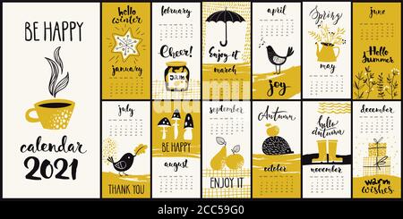 Moderner Stil handgezeichnete Cartoon Vektor 2021 Kalender mit Hand Gezeichnet inky Monatssymbole Stock Vektor