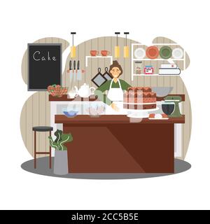 Frau Bäcker Verkauf Gebäck süße Desserts in Bäckerei, Vektor flache Illustration Stock Vektor