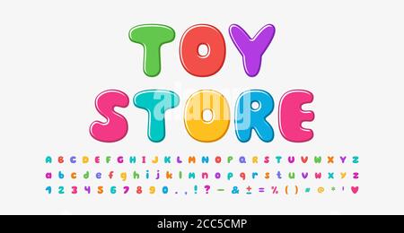 Bunte Cartoon Alphabet Blase Form Schrift Regenbogen helle Farben. Groß- und Kleinbuchstaben, Zahlen, Satzzeichen. Vektordarstellung Stock Vektor