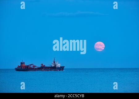 Ein Schiff (der Trichterbagger Arco Avon), das im englischen Kanal off Deal, Kent, Großbritannien, unter einem aufgehenden Vollmond im August segelt Stockfoto