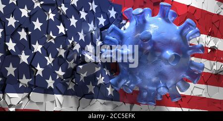 Coronavirus traf USA. Covid 19 bricht die Mauer der US-amerikanischen Flagge. Pandemie-Ausbruch-Krise, Sperrung der Vereinigten Staaten, Wirtschaft, Finanzen, Unternehmensrezession. 3 Stockfoto