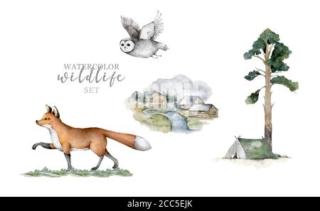 Waldtiere. Realistische Winter niedlich Wandern Wildtiere Fuchs, Eule und Landschaft mit Zelt isoliert Illustration auf weißem Hintergrund. Vilage mit Stockfoto