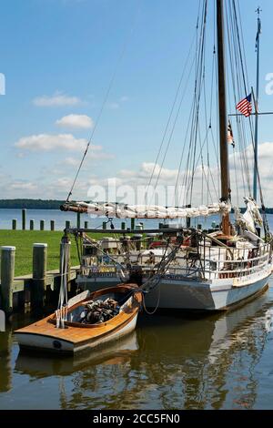 Ein benzinbetriebenes Schnellboot ist an einem Chesapeake Bay-Skippjack in st. Dr. med. Michaels Stockfoto