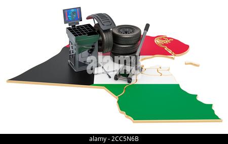 Reifenmontierungs- und Autoservice in Kuwait-Konzept. 3D-Rendering auf weißem Hintergrund isoliert Stockfoto