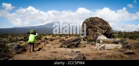 Guides Träger und sherpas tragen schwere Säcke, während sie den kilimandscharo besteigen, den höchsten Gipfel in afrika. Stockfoto
