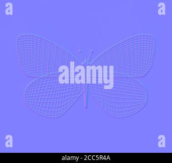 Normale Karte eines polygonalen geometrischen Schmetterlings, der aus Linien besteht. Struktur der Wireframe-Technologie. Computergeneriertes Bild Stockfoto