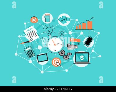 Moderne flache dünne Linie Design Vektor Illustration, Infografik Konzept mit Ikonen des Online-Geschäfts, Internet-Marketing-Idee, Büro-und Finanz-Ziele Stock Vektor