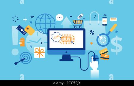 Moderne flache dünne Linie Design Vektor Illustration, Konzept des Online-Shopping, Internet-Vertrieb mit Einzelhandel und Commerce-Elemente für Grafik und Web des Stock Vektor