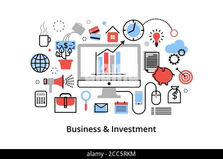 Moderne flache dünne Linie Design Vektor Illustration, Infografik Konzept mit Symbolen der Investition in Unternehmen und Finanzprozess, für Grafik und Web des Stock Vektor