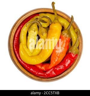 Peperoni Gurken in einer Holzschale. Eingelegte ganze Chilischoten in verschiedenen hellen Farben. Gemüse, in Salzlake konserviert. Capsicum. Stockfoto