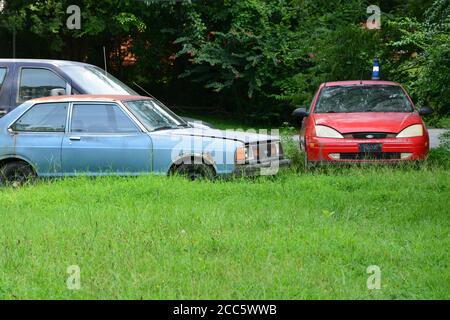 Verkommen Autos sitzen in einem überwucherten Hof vor einem Haus in Raleigh North Carolina. Stockfoto