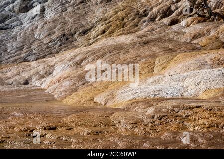 Glitzerndes Mineralwasser fließt über die heißen Quellterrassen im Mammoth Hot Springs Gebiet des Yellowstone Nationalparks. Abstrakte Ansicht, nützlich für backgr Stockfoto