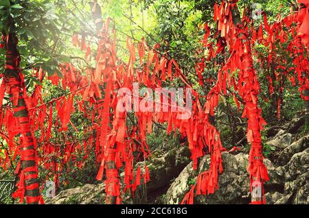 Zhangjiajie, China - 10. Mai 2017: Detail der roten Bänder im Wish Forest Zhangjiajie Nationalpark, China. Stockfoto
