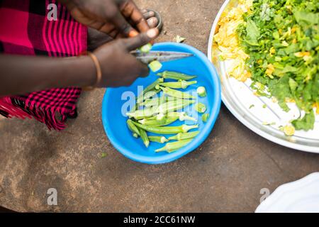 Eine Flüchtlingsfrau aus dem Südsudan kocht vor ihrem Haus in der Palabek-Flüchtlingssiedlung im Norden Ugandas, Ostafrika, eine Mahlzeit mit Okra- und Kürbisblättern und Blumen. Stockfoto