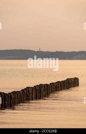 Dranske, Deutschland. 14. Aug. 2020. Ein Groyne mit Blick auf die Insel Hiddensee. Quelle: Stephan Schulz/dpa-Zentralbild/ZB/dpa/Alamy Live News Stockfoto