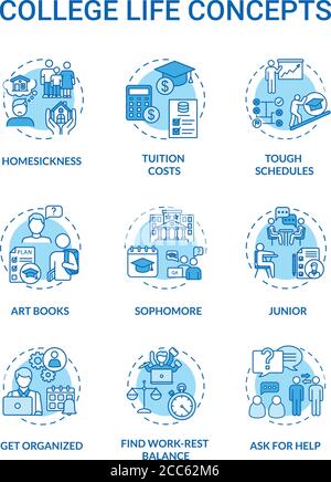 College Leben türkis Konzept Symbole gesetzt Stock Vektor
