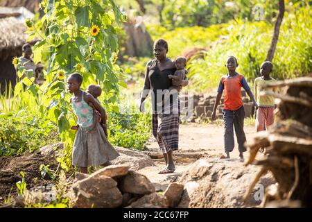 Flüchtlinge aus dem Südsudan leben in behelfsmäßigen Schlamm- und Grasstrohheimen in Palabek Flüchtlingssiedlung im Norden Ugandas, Ostafrika. Stockfoto