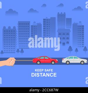 Die hand einschränken Auto Geschwindigkeit symbolisiert Anstieg der Abstand zwischen den Fahrzeugen, Reduzierung der Geschwindigkeit. Das Konzept der Sicherheit und Ausfallsicherheit auf Straßen, Stock Vektor