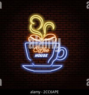 Neon-Schild Kaffeehaus.das leuchtende Werbeplakat für Café, Restaurants.Fast Food.Vektor-Illustration. Retro-Style. Stock Vektor