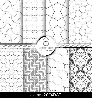 Satz von nahtlosen Vektormustern. Moderne, stilvolle geometrische Texturen mit kleinen Punkten. Unendlich wiederholende geometrische Ornamente mit gepunkteten Formen. Hex Stock Vektor