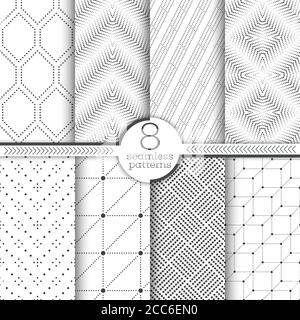 Satz von nahtlosen Vektormustern. Moderne stilvolle Texturen mit kleinen Punkten. Unendlich wiederholende geometrische Ornamente mit gepunkteten Formen. Sechseck, Zickz Stock Vektor