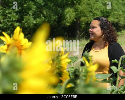 Besucher genießen Sonnenblumen Patch. Stockfoto