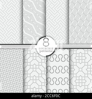 Satz von nahtlosen Vektormustern. Moderne stilvolle Texturen mit kleinen Punkten. Unendlich wiederholende geometrische Ornamente mit gepunkteten Formen. Sechseck, Zickz Stock Vektor