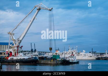 Schlepper und Kreuzfahrtschiff liegen in Victoria Basin, Kapstadt Hafengebiet, Südafrika Stockfoto