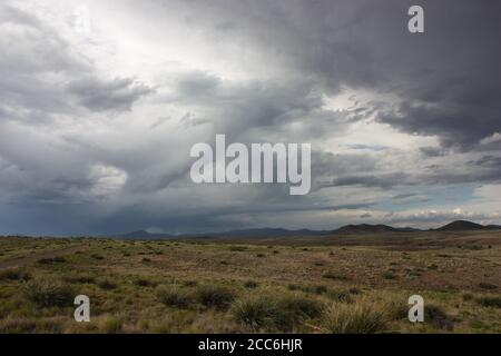 Dramatische, zerklüftete Wüstenlandschaft mit kargem Grasland, fernen Bergen und dunklen, stürmischen Regenwolken