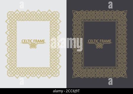 Ein Satz der rechteckigen goldenen Rahmen in linearer Ausführung ausgeführt. Der keltische Schmuck für Einladungen, Herzlichen Glückwunsch. Elemente für Design. Vektor-Abb. Stock Vektor