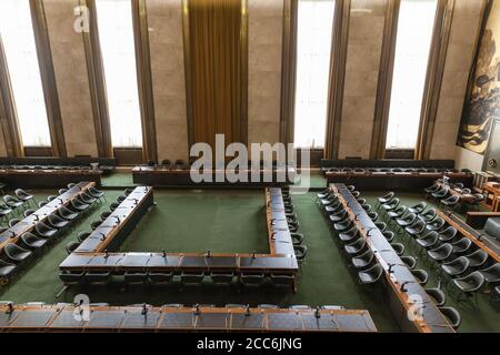 Genf, Schweiz - 23. August 2014 - Ratskammer in UN Genf. Es war Gastgeber einiger Kriegsverhandlungen und beherbergte die Sitzungen der Konferenz Stockfoto