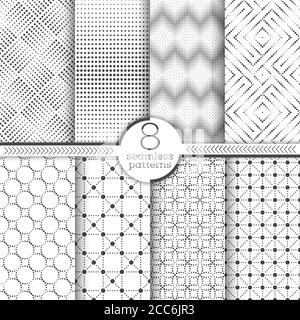 Satz von nahtlosen Vektormustern. Moderne stilvolle Texturen mit kleinen Punkten. Unendlich wiederholende geometrische Ornamente mit gepunkteten Formen. Zickzack, Kreis Stock Vektor